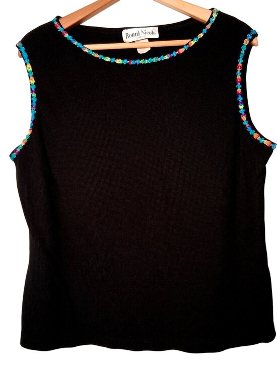 Ronni Nicole by Ouida Tops - Vintage Ronni Nicole by Ouida Shirt Size 16 Black Rainbow Trim Tank Top USA Made